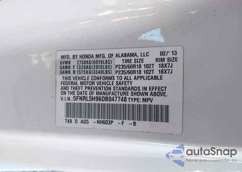 2013 Honda Odyssey Touring/Touring Elite from USA, damaged, VIN 5FNRL5H96DB047748